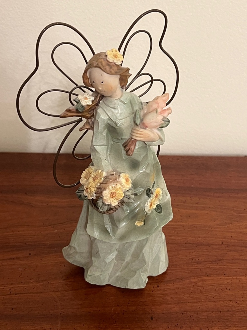 Handcrafted Green Fairy Figurine with Floral Basket - Home Accents